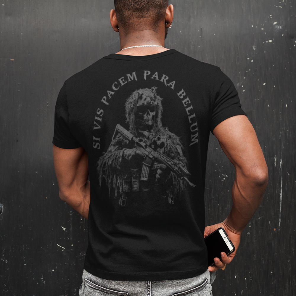 Back view of a man wearing a lightweight original short sleeve black cotton T-shirt with Si Vis Pacem Para Bellum on the back for the Lightweight Original T-Shirts range