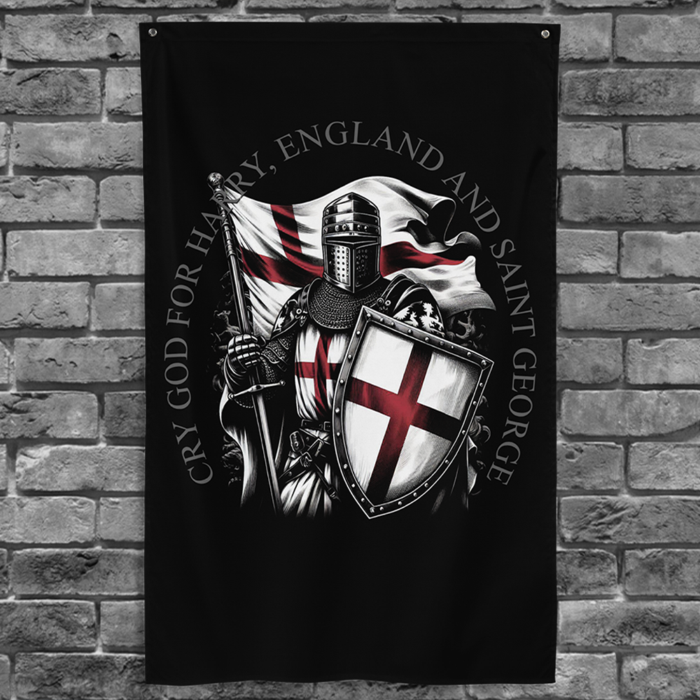 vertical banner flag by Achilles Tactical Clothing Brand hanging on a grey brick wall with saint george design