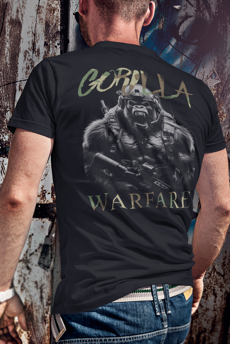 Back view of man wearing black cotton Achilles Tactical Clothing Brand short sleeve T-shirt with Gorilla Warfare design across back for latest releases range