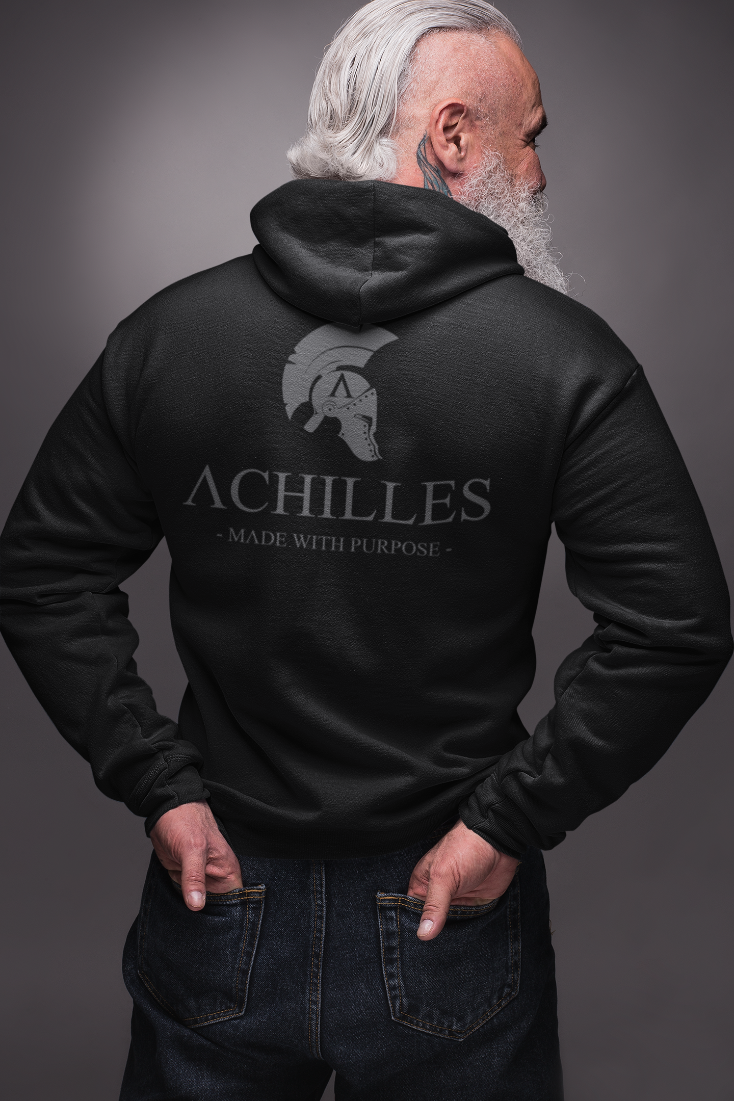 Back view of a man wearing a pullover hoodie in black with Achilles Signature  on the back for the Pullover Hoodies range