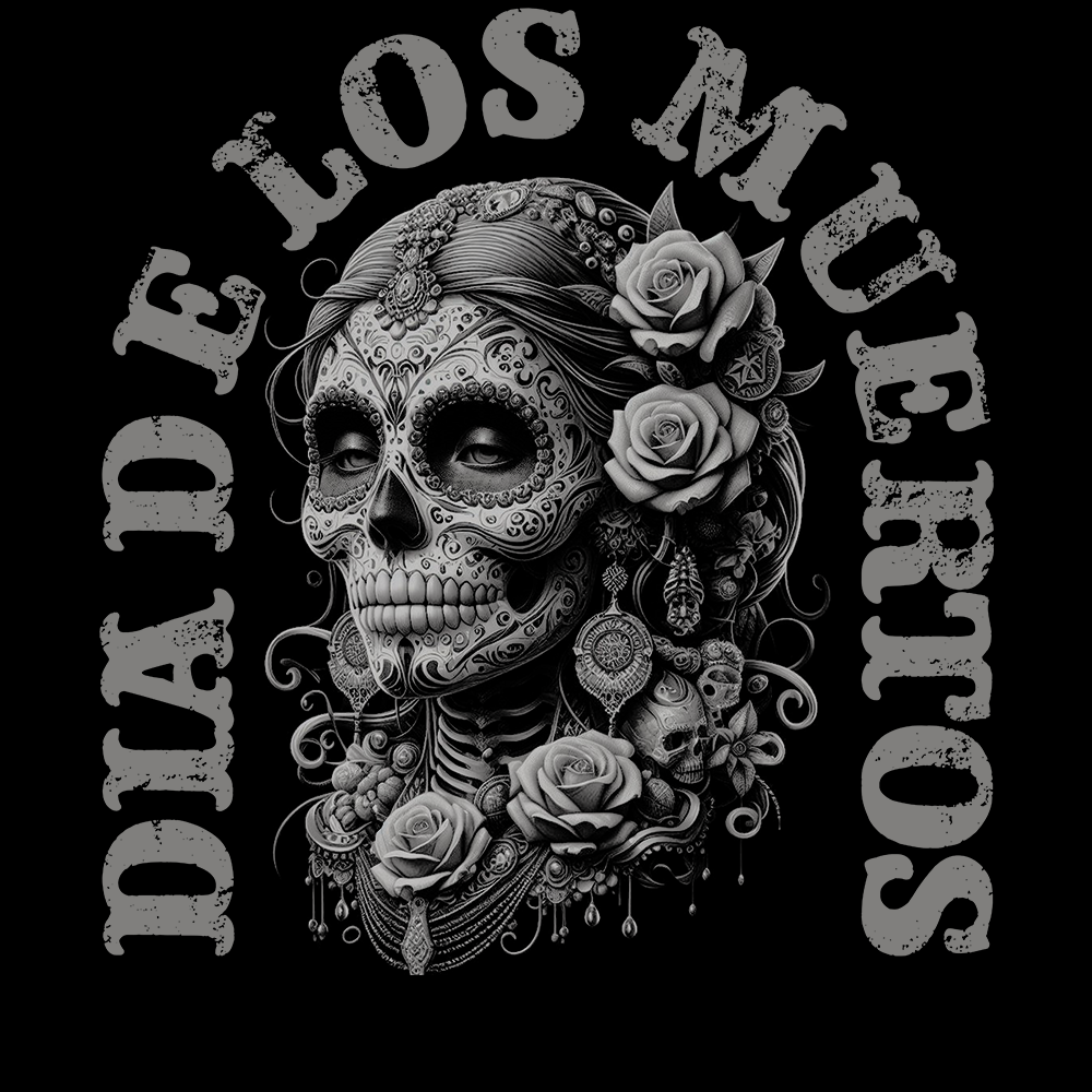 close up of Front view of all over print vertical banner flag from Achilles Tactical Clothing Brand with Dia De Los Muertos design