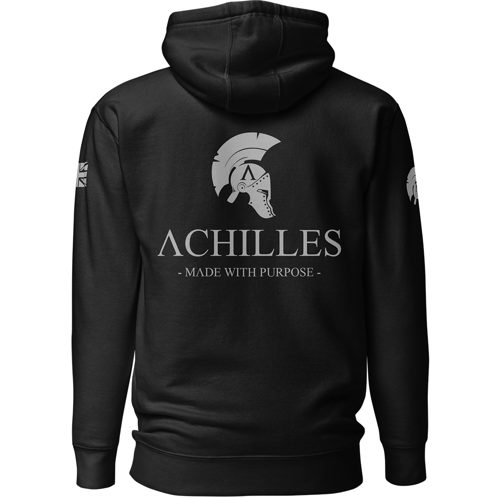 Back view of Black unisex fit Pullover Hoodie by Achilles Tactical Clothing Brand printed with Large Signature design across back