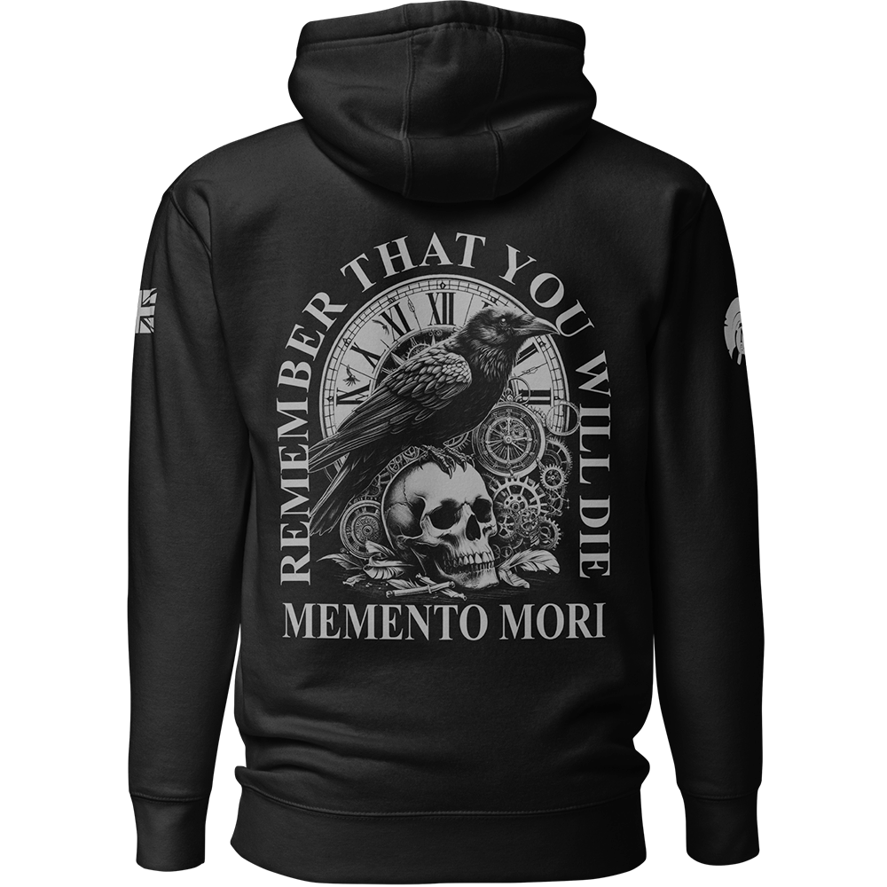 Back view of Black unisex fit Pullover Hoodie by Achilles Tactical Clothing Brand printed with Large Memento Mori design across back