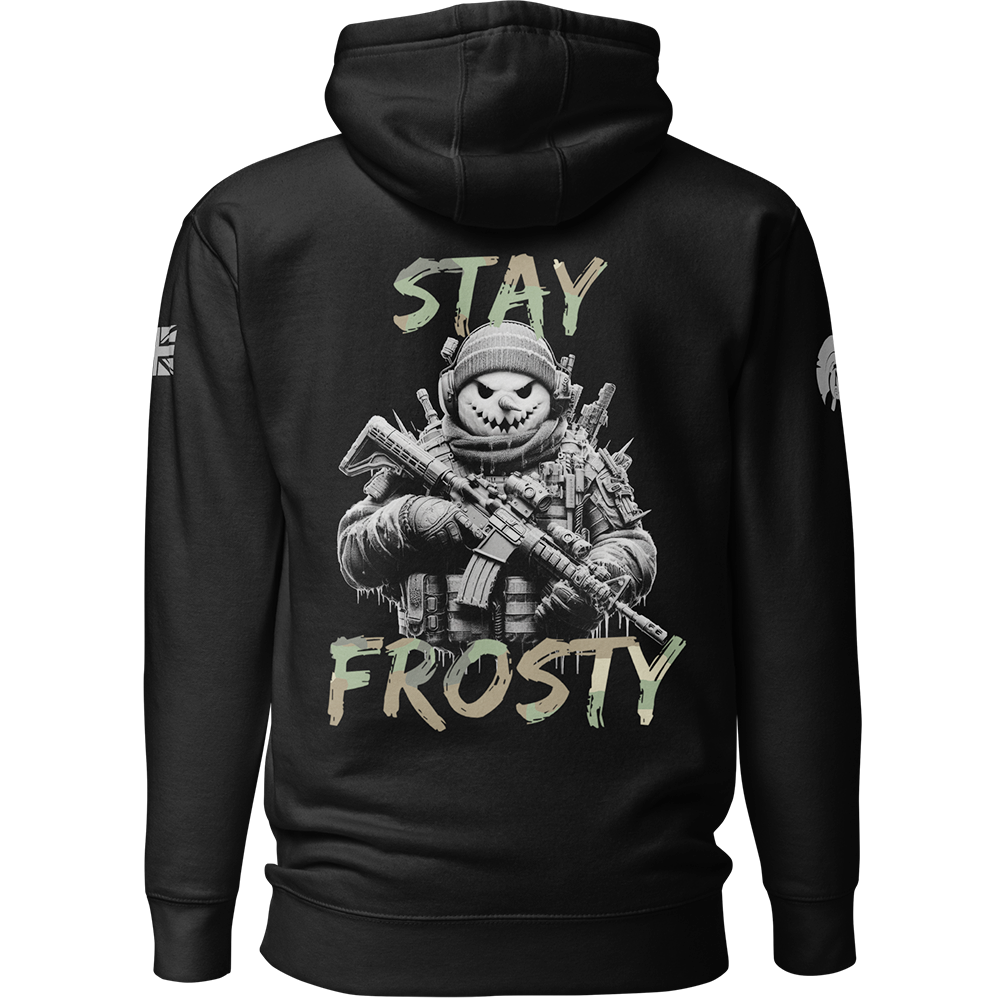 Back view of Black unisex fit Pullover Hoodie by Achilles Tactical Clothing Brand printed with Large Stay Frosty design across back