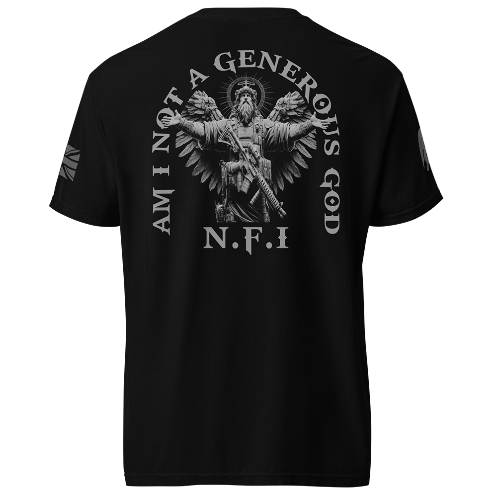 Back view of Black short sleeve classic cotton unisex fit T-Shirt by Achilles Tactical Clothing Brand with screen printed NFI Generous God design on back