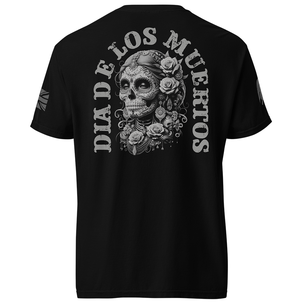 Back view of Black short sleeve unisex fit classic cotton T-Shirt by Achilles Tactical Clothing Brand printed with Large Dia De Los Muertos design across back