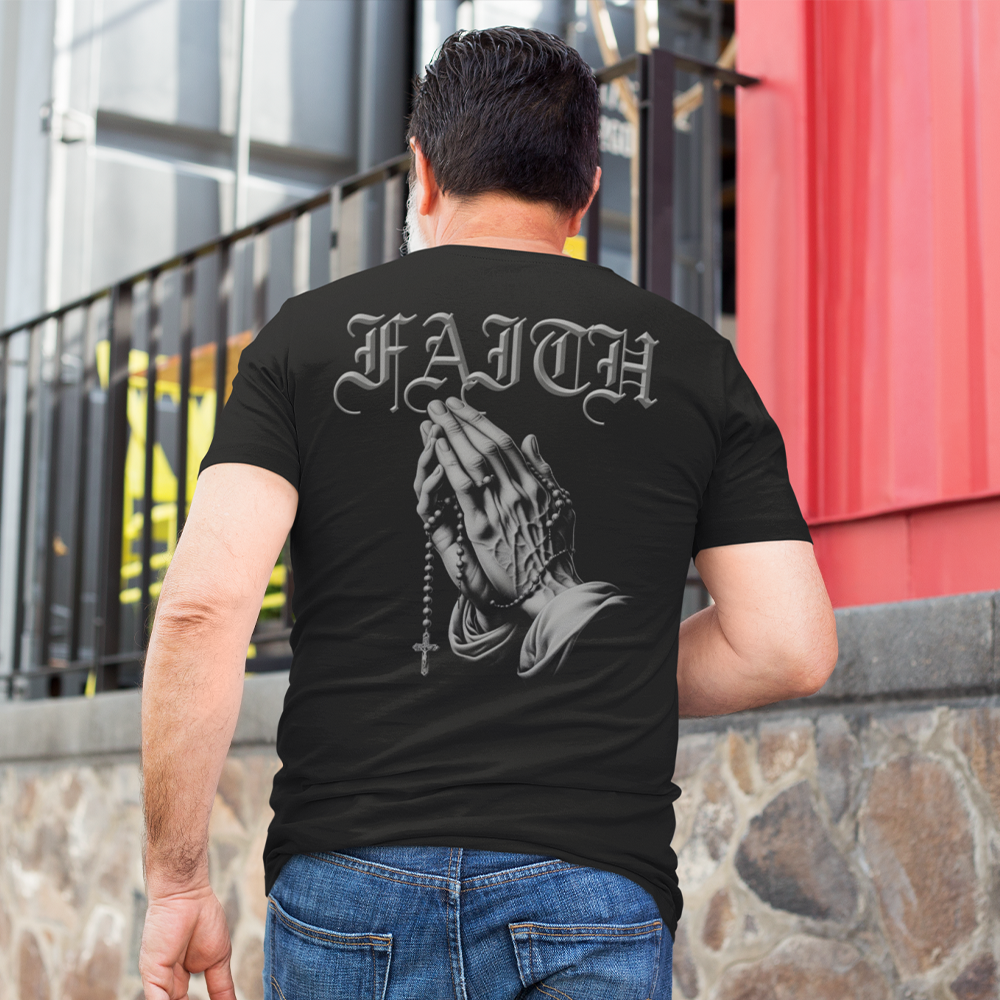 Back view of man wearing black short sleeve unisex fit classic T-Shirt by Achilles Tactical Clothing Brand Faith design