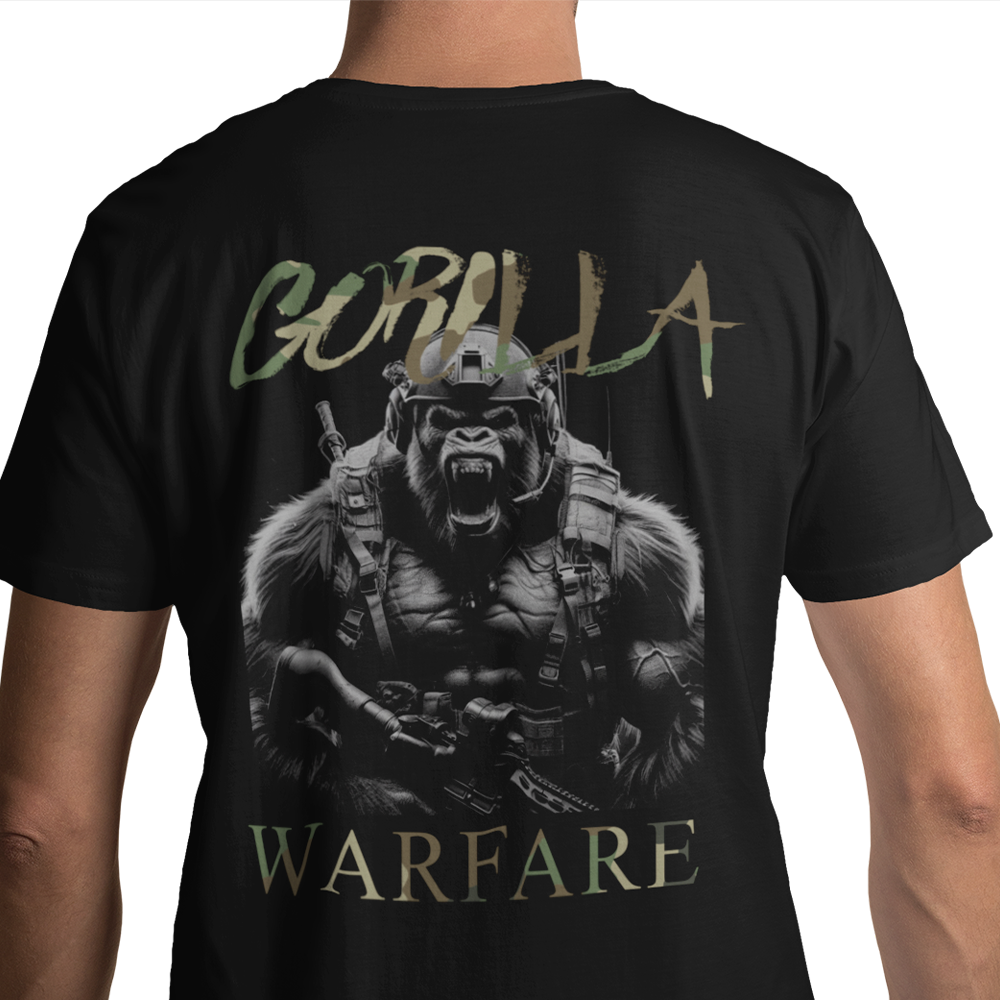 Back view of man wearing Black short sleeve classic cotton unisex fit T-Shirt by Achilles Tactical Clothing Brand with screen printed Gorilla Warfare design