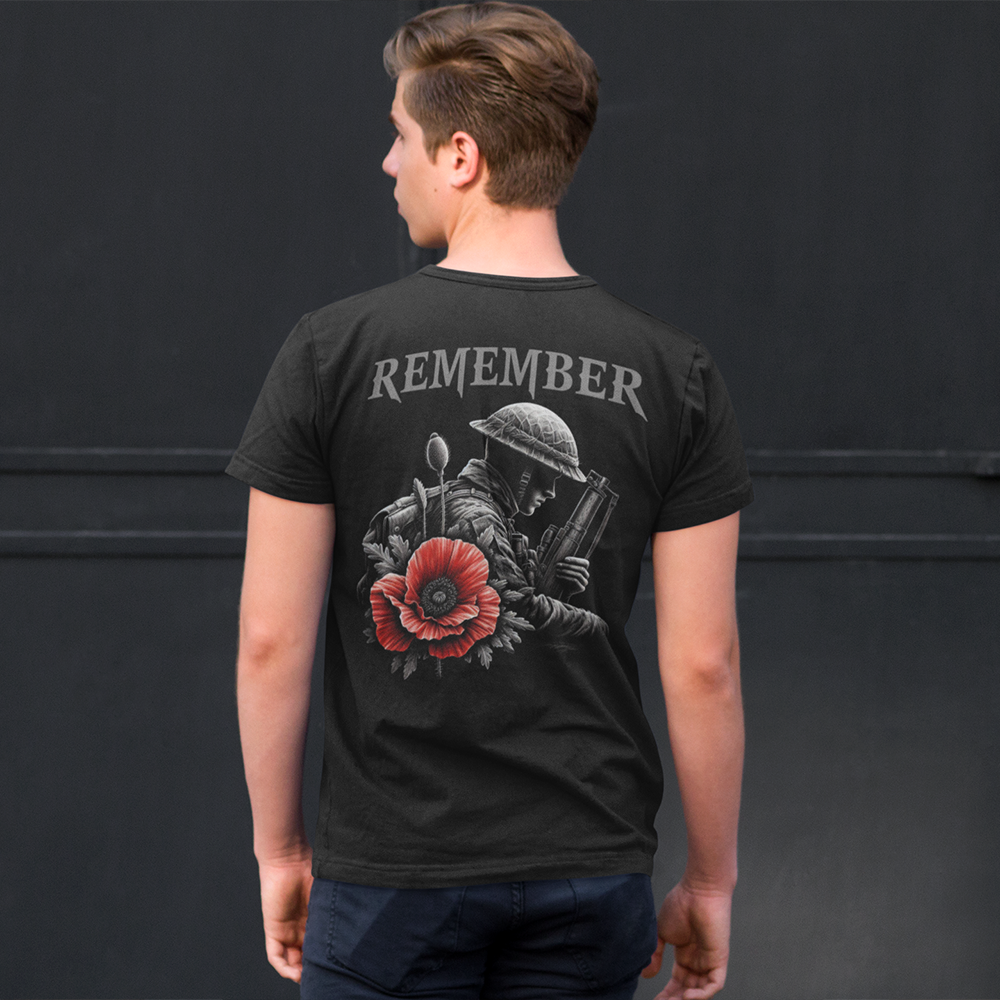 Back view of man wearing black short sleeve unisex fit classic T-Shirt by Achilles Tactical Clothing Brand Remember Poppy design