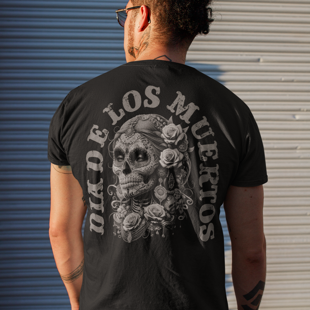 Back view of man wearing black short sleeve unisex fit classic T-Shirt by Achilles Tactical Clothing Brand Dia De Los Muertos design