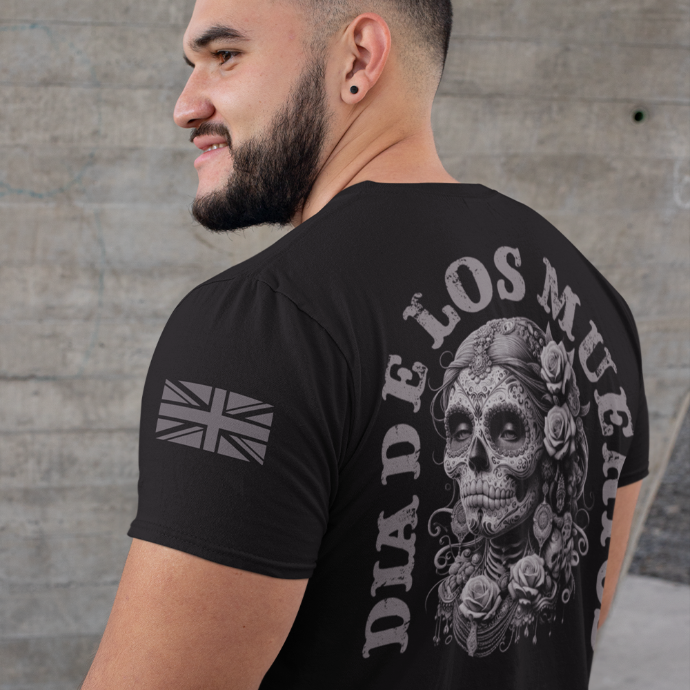 Back view of man wearing black short sleeve unisex fit original T-Shirt by Achilles Tactical Clothing Brand Dia De Los Muertos design