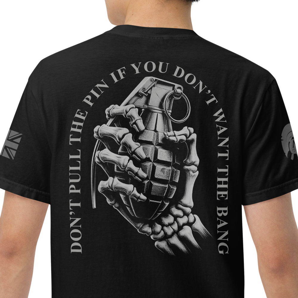 Back view of man wearing Black short sleeve classic cotton unisex fit T-Shirt by Achilles Tactical Clothing Brand with screen printed Don't pull the pin design