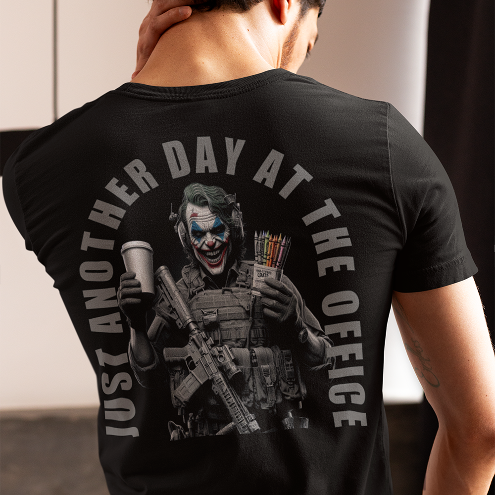 Back view of man wearing black short sleeve unisex fit classic T-Shirt by Achilles Tactical Clothing Brand Another day at the office design