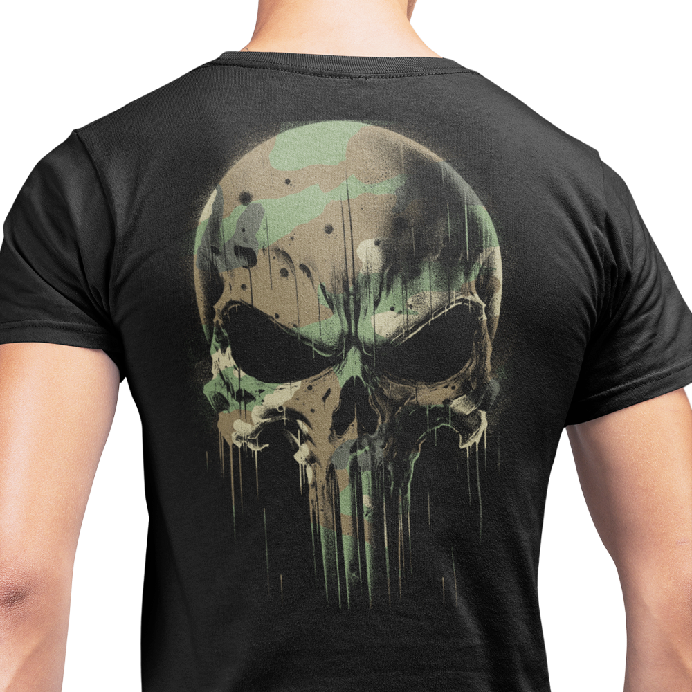 Back view of man wearing black short sleeve unisex fit original T-Shirt by Achilles Tactical Clothing Brand DPM Cam Design design