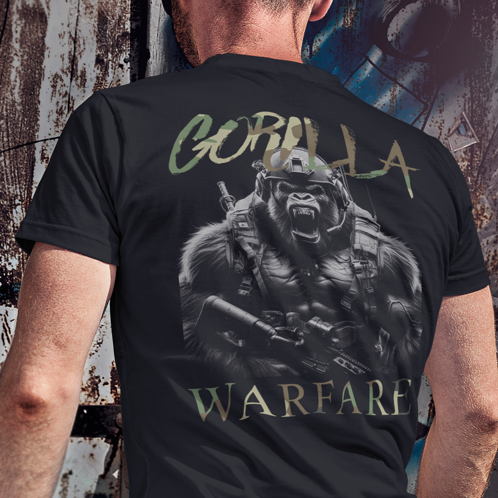 Back view of man wearing black short sleeve unisex fit original T-Shirt by Achilles Tactical Clothing Brand Gorilla Warfare design