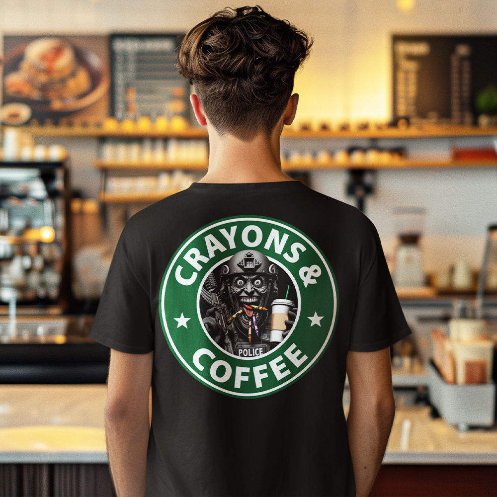 Back view of man wearing black short sleeve unisex fit original T-Shirt by Achilles Tactical Clothing Brand Crayons & Coffee (AFO) design