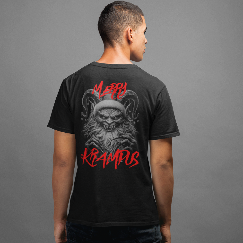 Back view of man wearing Black short sleeve unisex fit original cotton T-Shirt by Achilles Tactical Clothing Brand printed with Large Merry Krampus design across back