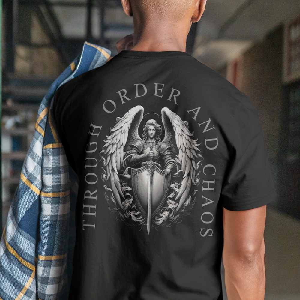 Back view of man wearing black short sleeve unisex fit original cotton T-Shirt by Achilles Tactical Clothing Brand printed with Large Order and Chaos design across back