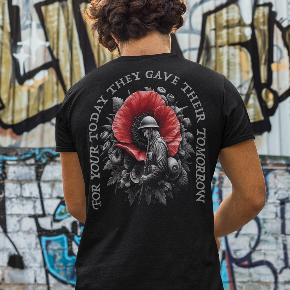 Back view of man wearing black short sleeve unisex fit original T-Shirt by Achilles Tactical Clothing Brand Sacrifice Poppy and soldier design