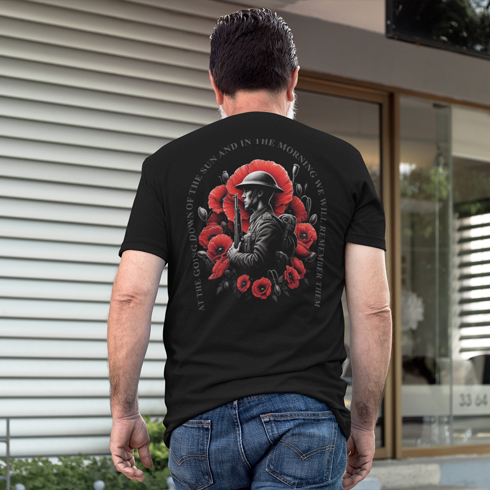 Back view of man wearing black short sleeve unisex fit original T-Shirt by Achilles Tactical Clothing Brand We Will Remember design