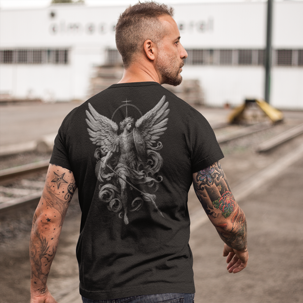 Back view of man wearing black short sleeve unisex fit original T-Shirt by Achilles Tactical Clothing Brand Archangel design