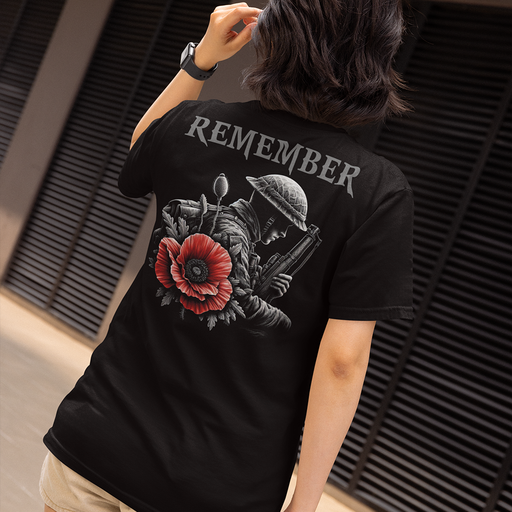 Back view of woman wearing black short sleeve unisex fit classic T-Shirt by Achilles Tactical Clothing Brand Remember Poppy design