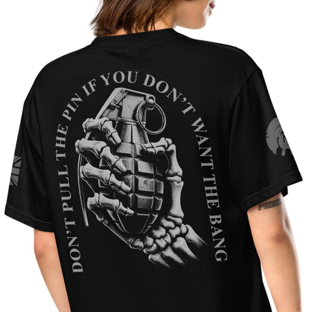 Back view of woman wearing Black short sleeve classic cotton unisex fit T-Shirt by Achilles Tactical Clothing Brand with screen printed Don't pull the pin design