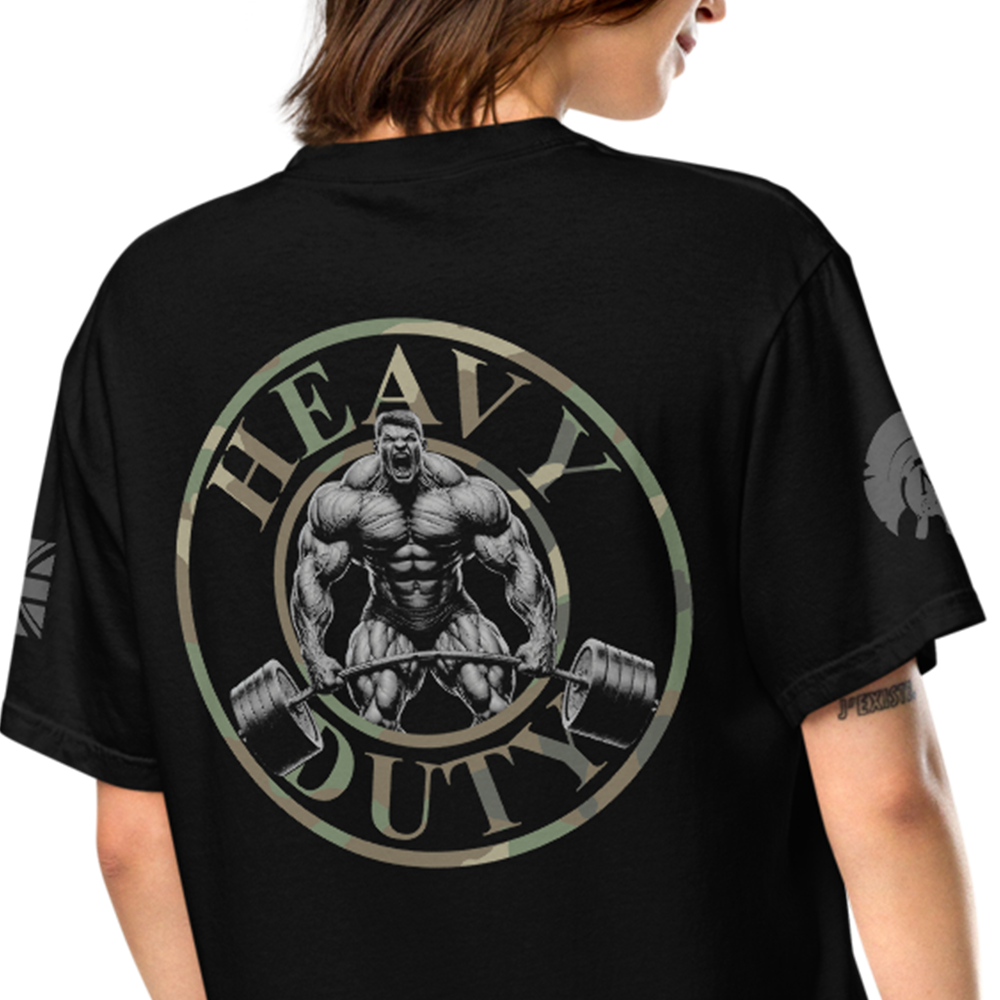 Back view of woman wearing Black short sleeve classic cotton unisex fit T-Shirt by Achilles Tactical Clothing Brand with screen printed Heavy Duty design