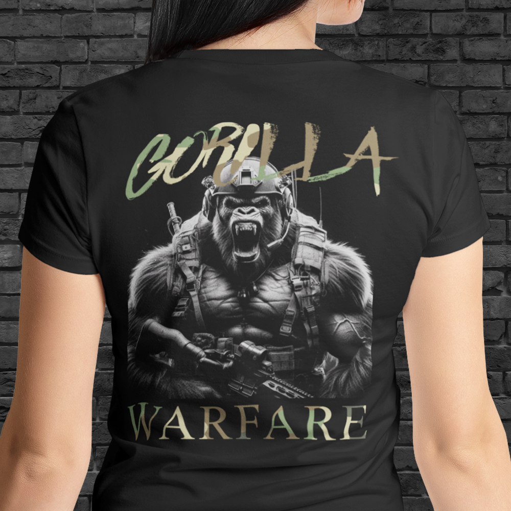 Back view of woman wearing black short sleeve unisex fit original T-Shirt by Achilles Tactical Clothing Brand Gorilla Warfare design