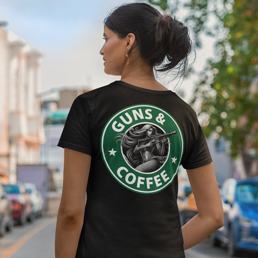 Back view of woman wearing black short sleeve unisex fit original T-Shirt by Achilles Tactical Clothing Brand Sacrifice Guns and coffee design