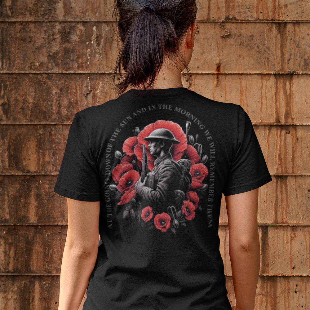 Back view of woman wearing black short sleeve unisex fit original T-Shirt by Achilles Tactical Clothing Brand We Will Remember design