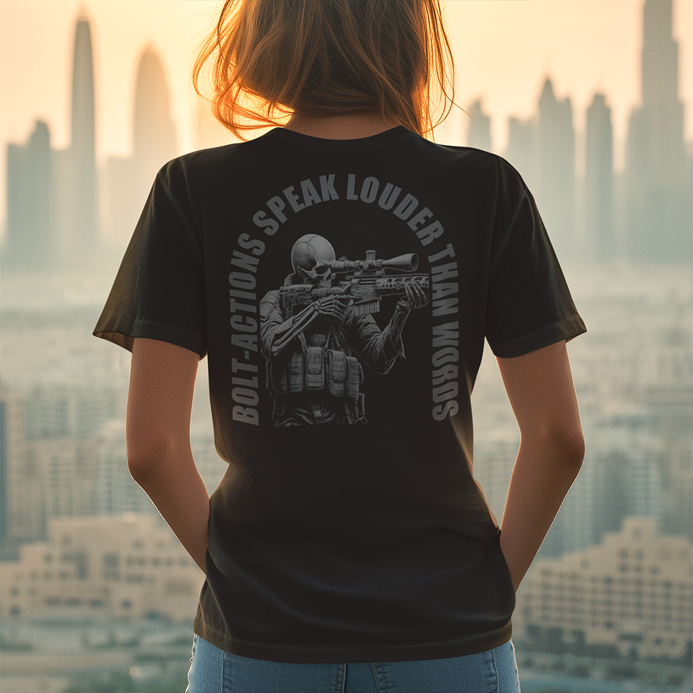 Back view of woman wearing Black short sleeve unisex fit original cotton T-Shirt by Achilles Tactical Clothing Brand printed with Large Bolt Actions design across back