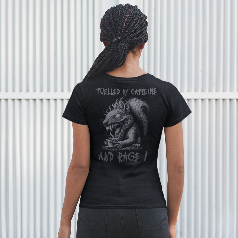 Back view of woman wearing Black short sleeve unisex fit original cotton T-Shirt by Achilles Tactical Clothing Brand printed with Large Caffeine and Rage design across back