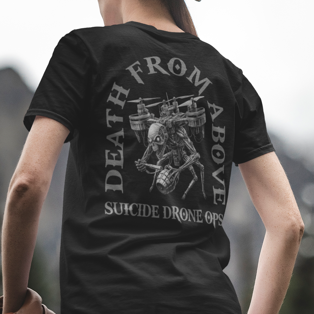 Back view of woman wearing black short sleeve unisex fit original cotton T-Shirt by Achilles Tactical Clothing Brand printed with Large Death from Above Drone Ops design across back