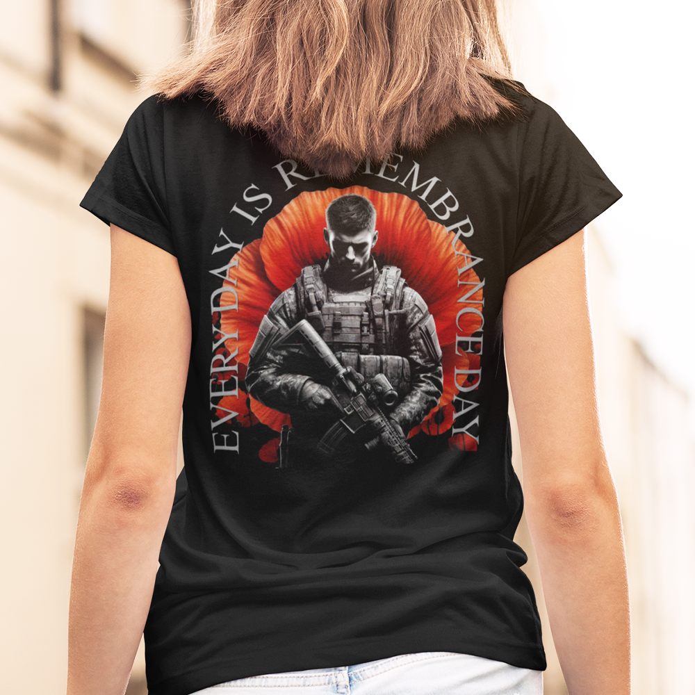 Back view of woman wearing black short sleeve unisex fit original T-Shirt by Achilles Tactical Clothing Brand Every day is remembrance day design