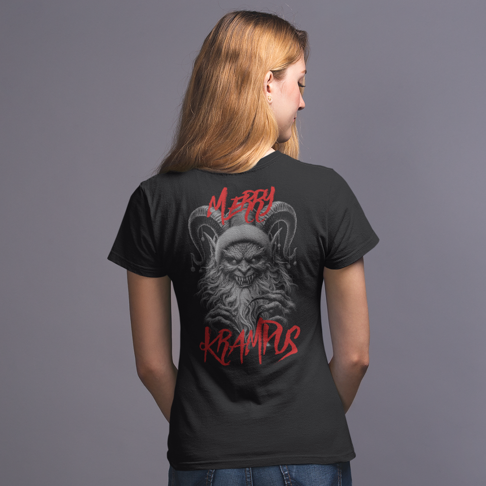 Back view of woman wearing Black short sleeve unisex fit original cotton T-Shirt by Achilles Tactical Clothing Brand printed with Large Merry Krampus design across back