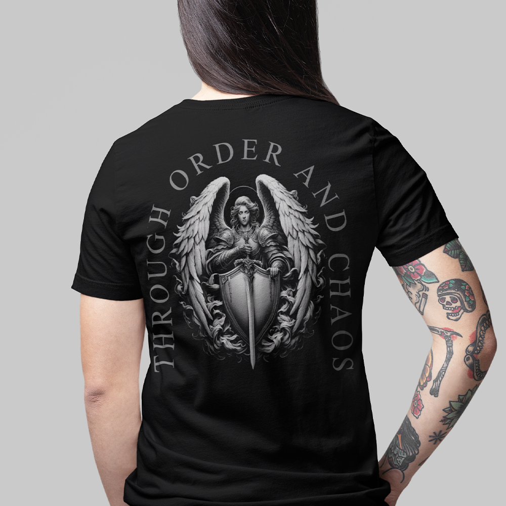 Back view of woman wearing black short sleeve unisex fit original cotton T-Shirt by Achilles Tactical Clothing Brand printed with Large Order and Chaos design across back