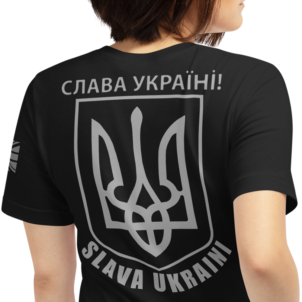 Back view of woman wearing black short sleeve unisex fit original T-Shirt by Achilles Tactical Clothing Brand Slava Ukraini design