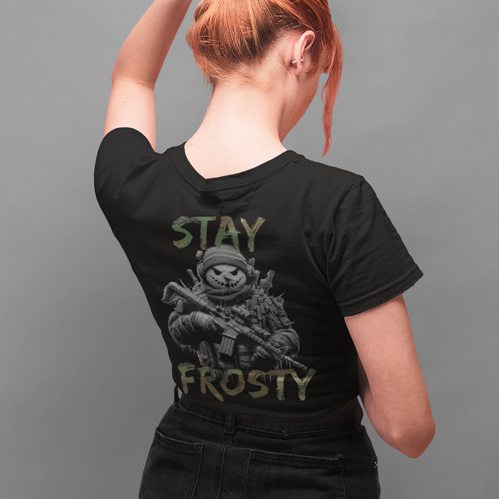 Back view of woman wearing Black short sleeve unisex fit original cotton T-Shirt by Achilles Tactical Clothing Brand printed with Large Stay Frosty design across back