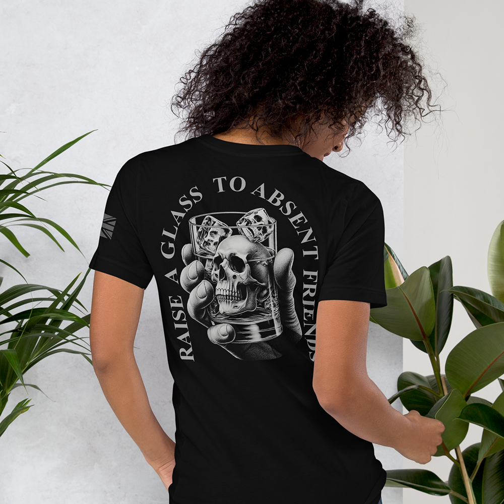 Back view of woman wearing black short sleeve unisex fit original T-Shirt by Achilles Tactical Clothing Brand To Absent Friends design