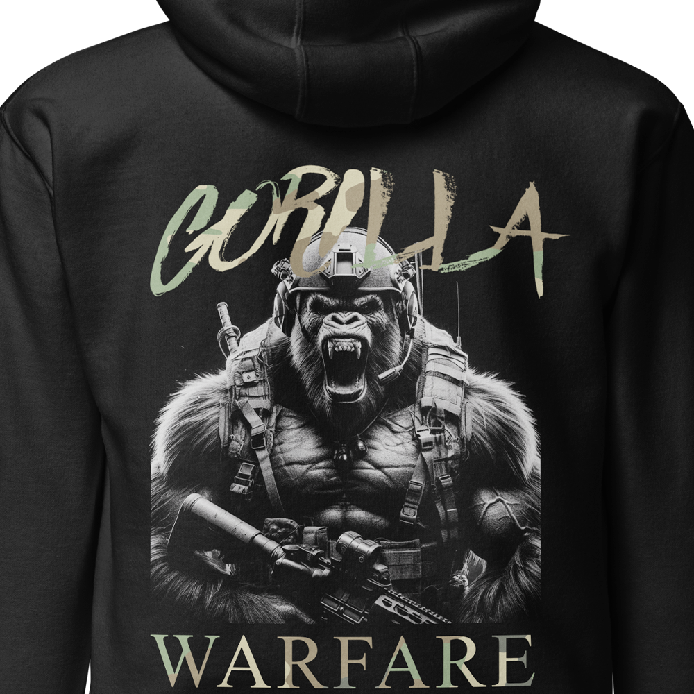 Close up of back view of Black unisex fit Pullover Hoodie by Achilles Tactical Clothing Brand printed with Large Gorilla Warfare design across back