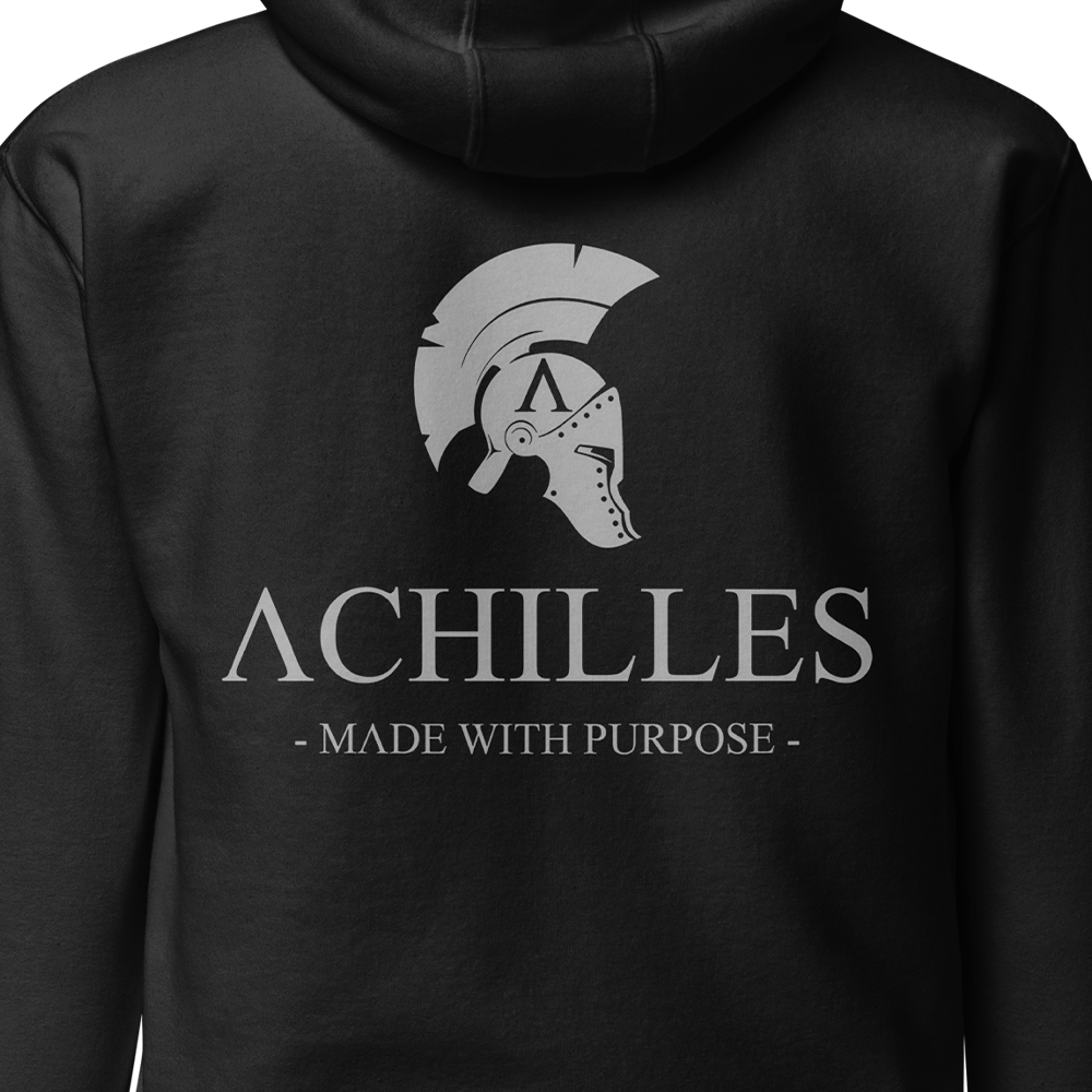 Close up of back view of Black unisex fit Pullover Hoodie by Achilles Tactical Clothing Brand printed with Large Signature design across back