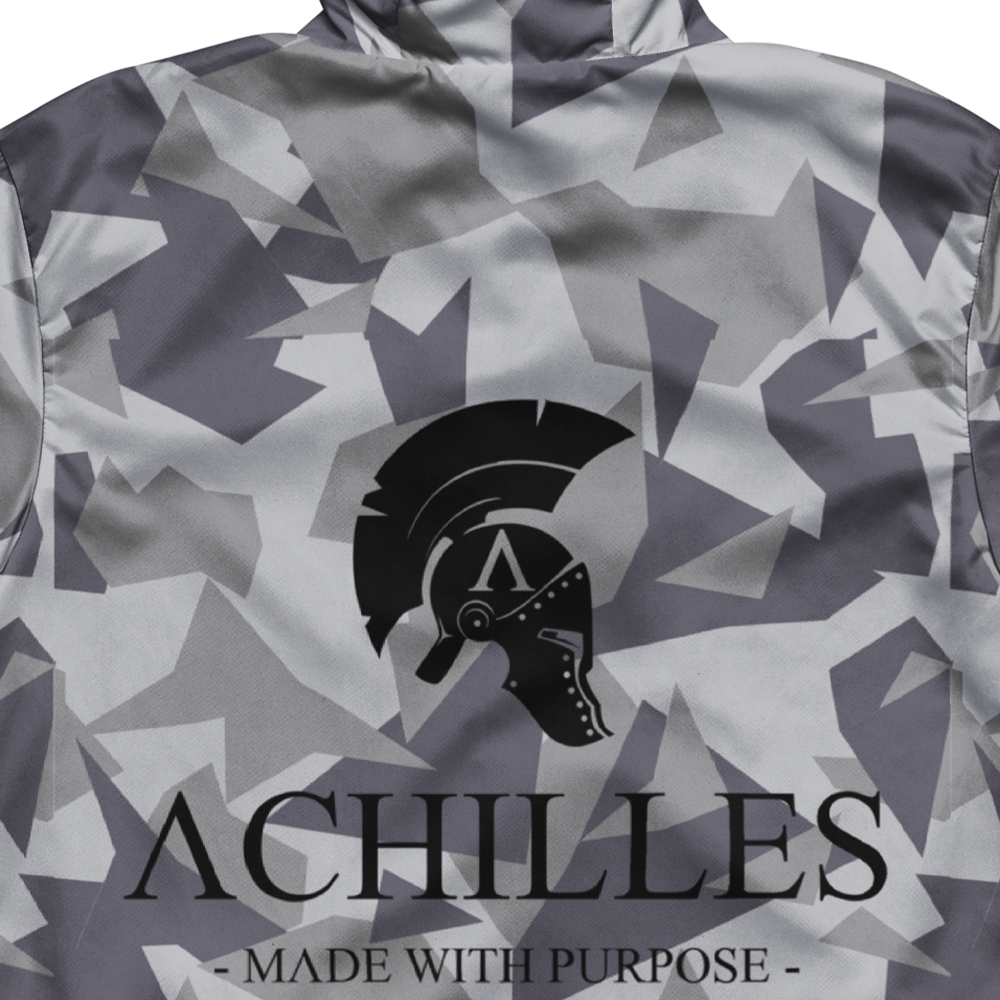 Close up of back view of Grey Geo Cam long sleeve unisex fit windbreaker track jacket by Achilles Tactical Clothing Brand printed with Achilles signature logo across back