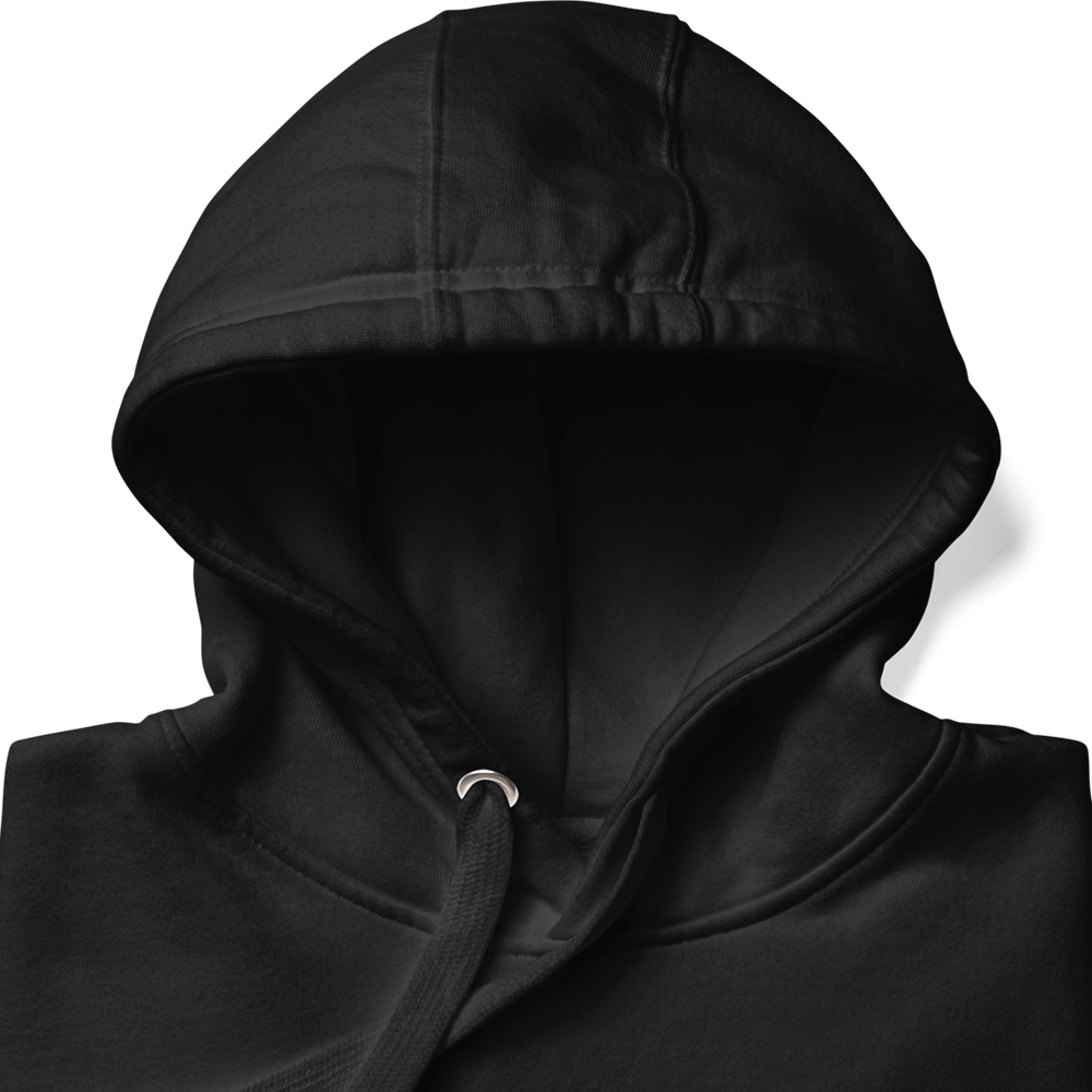 Close up of Hood of Black unisex fit Pullover Hoodie by Achilles Tactical Clothing Brand printed with Large Memento Mori design across back