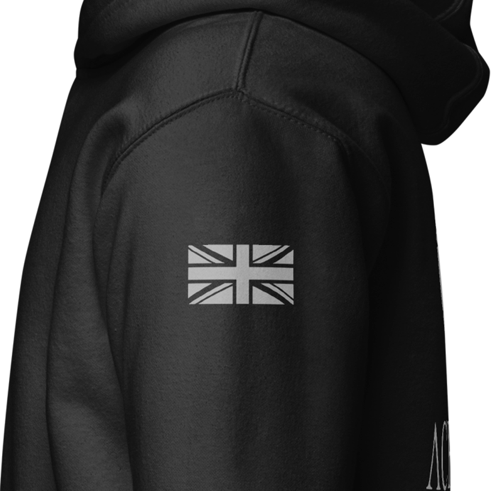 Close up of Left sleeve of Black unisex fit Pullover Hoodie by Achilles Tactical Clothing Brand printed with Large Signature design across back