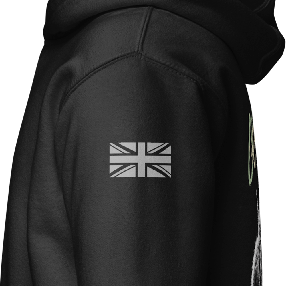 Close up of left sleeve of Black unisex fit Pullover Hoodie by Achilles Tactical Clothing Brand printed with Large Gorilla Warfare design across back