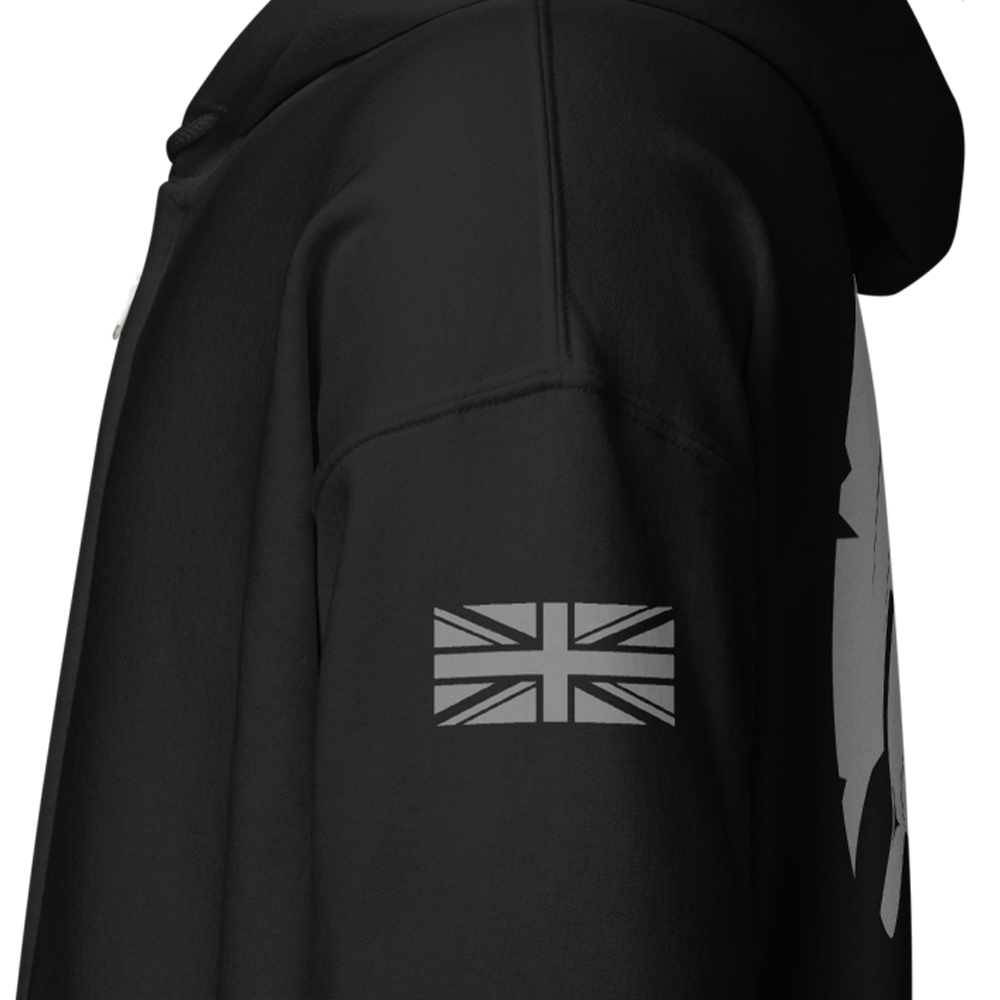 Close up of left sleeve of black Achilles Tactical Clothing Brand zipper hoodie with Wolf grey union flag on sleeve