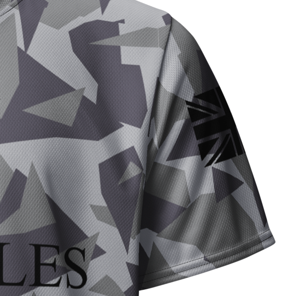 Close Up of Left Sleeve view of Geo Grey Cam short sleeve unisex fit Performance Jersey by Achilles Tactical Clothing Brand printed with Black Signature design