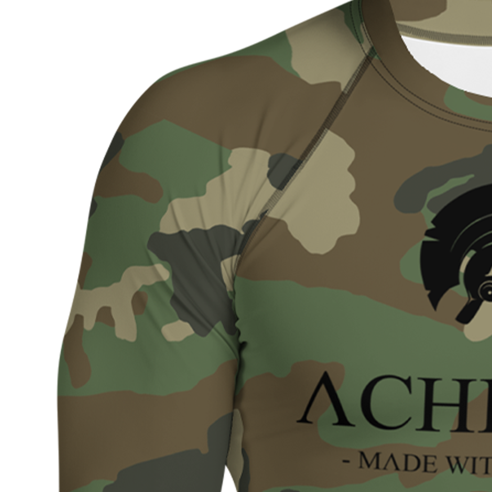 Close up of Right sleeve of DPM Cam long sleeve rash guard by Achilles Tactical Clothing Brand with Signature design in black