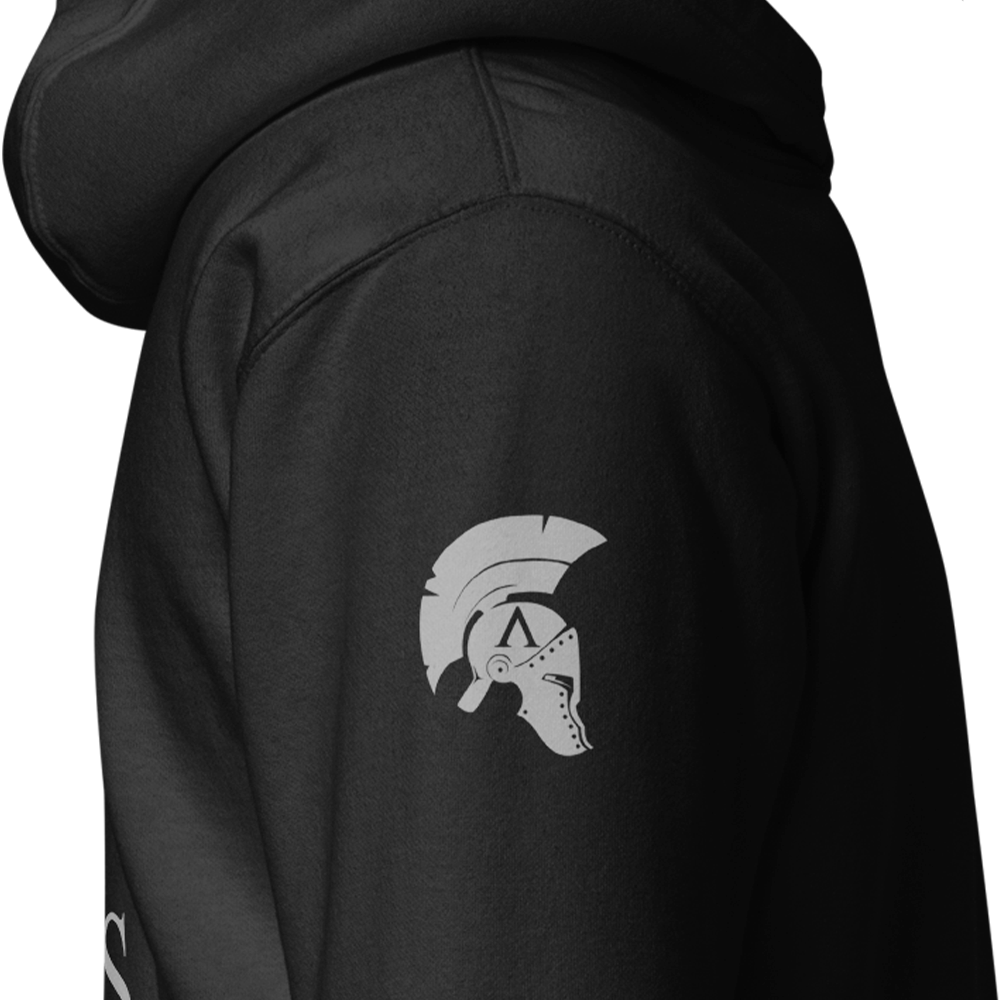 Close up of Right sleeve of Black unisex fit Pullover Hoodie by Achilles Tactical Clothing Brand printed with Large Signature design across back